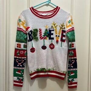 No Boundaries Believe Holiday Sweater - Red, Green, White size medium